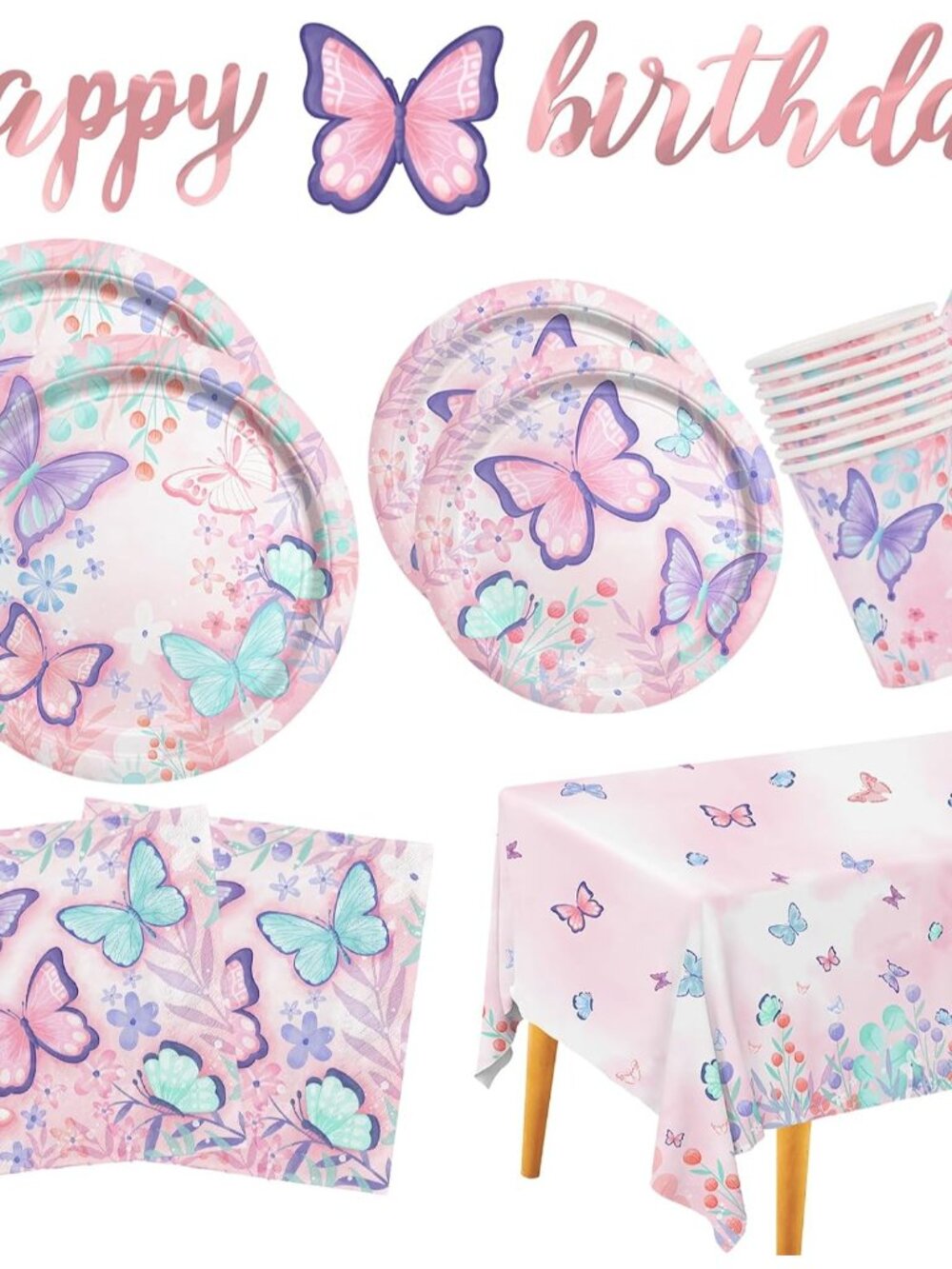 Butterfly Birthday Party Supplies Disposable Paper Plates Napkins Cups Tableclot
